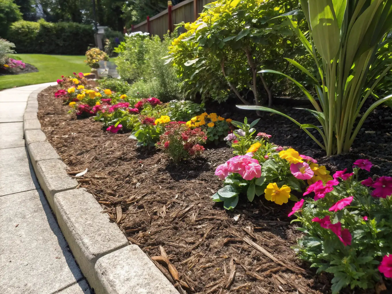A well-maintained garden bed with fresh mulch and vibrant flowers, illustrating the attention to detail in Iconic Landscape's landscaping projects.