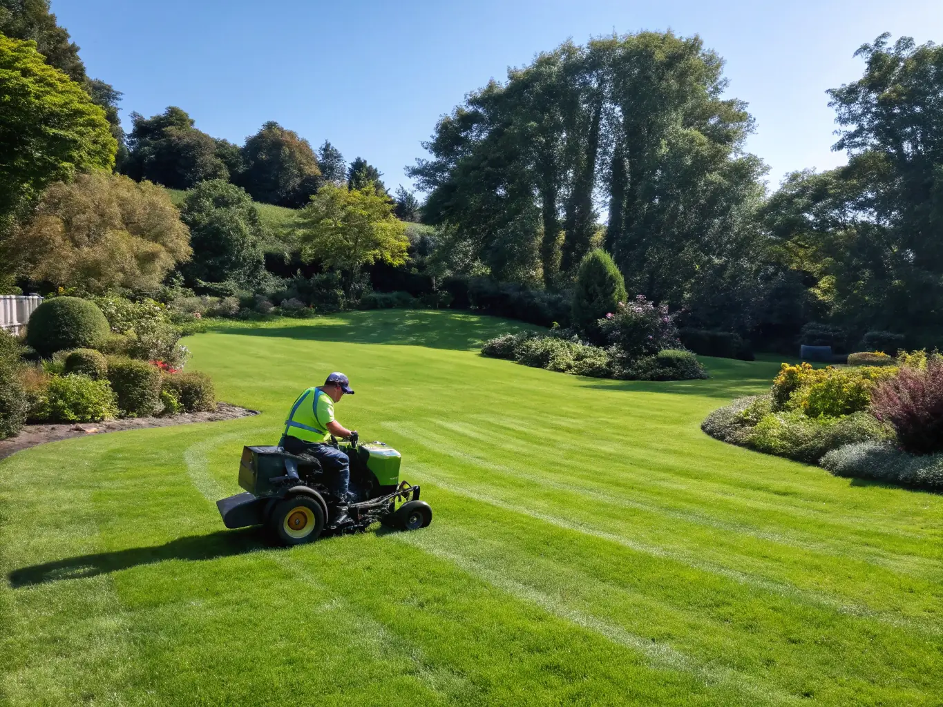 A vibrant green lawn being tended to during a sunny spring day, showcasing Iconic Landscape's seasonal lawn care services.