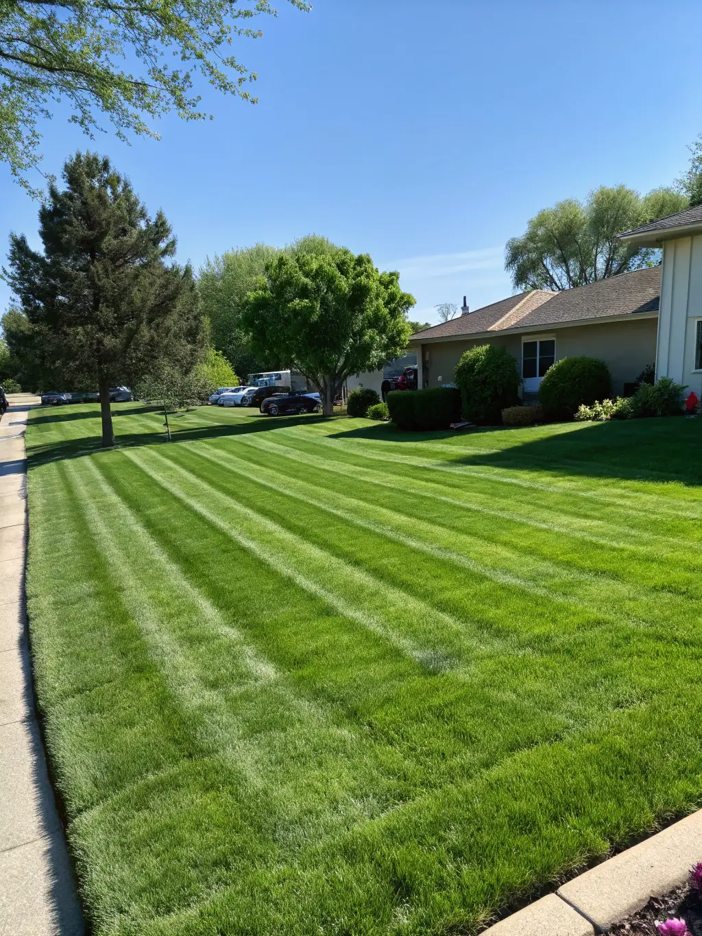 A vibrant, green lawn freshly mowed and edged, showcasing Iconic Landscape's lawn care service, taken during the summer season in a residential neighborhood in Southeast Michigan.