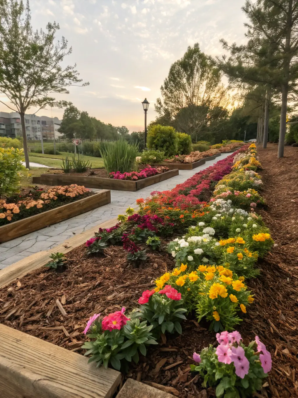 A neatly mulched garden bed with healthy plants, demonstrating Iconic Landscape's mulching service, taken in a residential garden in Southeast Michigan.