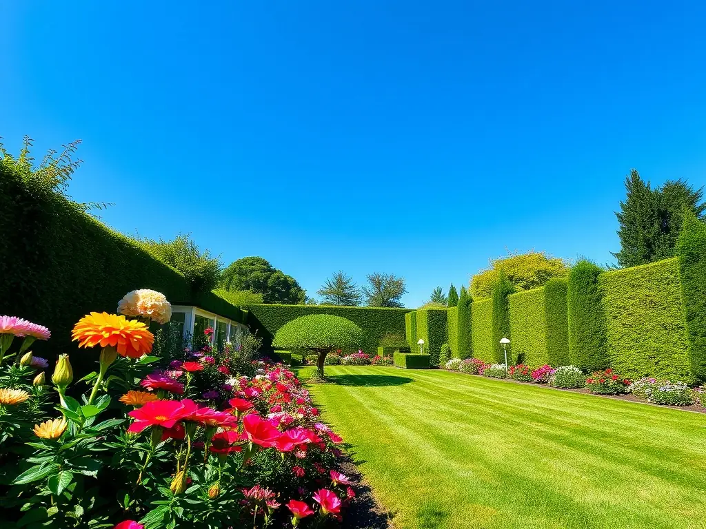 A beautifully landscaped garden with colorful flowers and neatly trimmed bushes, representing Iconic Landscape's property maintenance services.